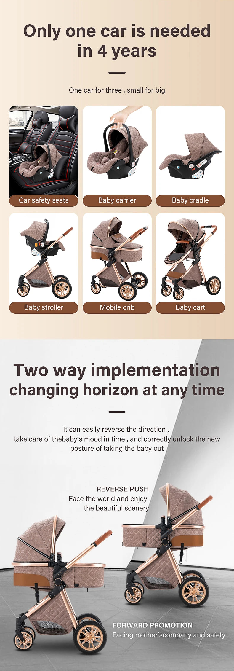 LIGHT GREY 3 in 1 Easy Folding Multifunctional Stroller